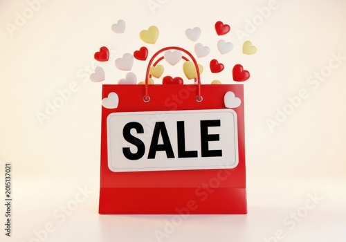 Red shopping bag with sale sign and floating hearts for valentines day sale