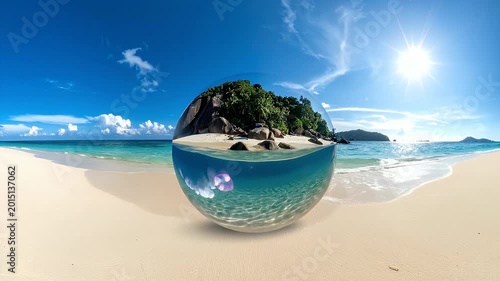 Crystal Ball Reflecting Tropical Island Beach With Turquoise Water Clear Blue Sky And Bright Sunlight On White Sand Beach Panoramic View