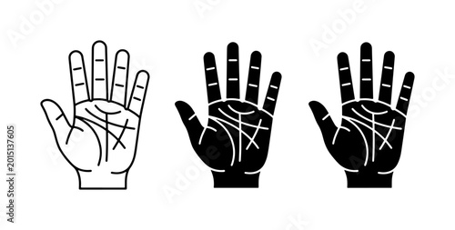 Foto Palmistry Hands, Fortune Telling Icons, Psychic Reading Symbols, Vector Graphics
