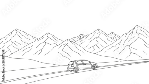 Fotografía A car drives on a 2D CAD designed road through mountains.