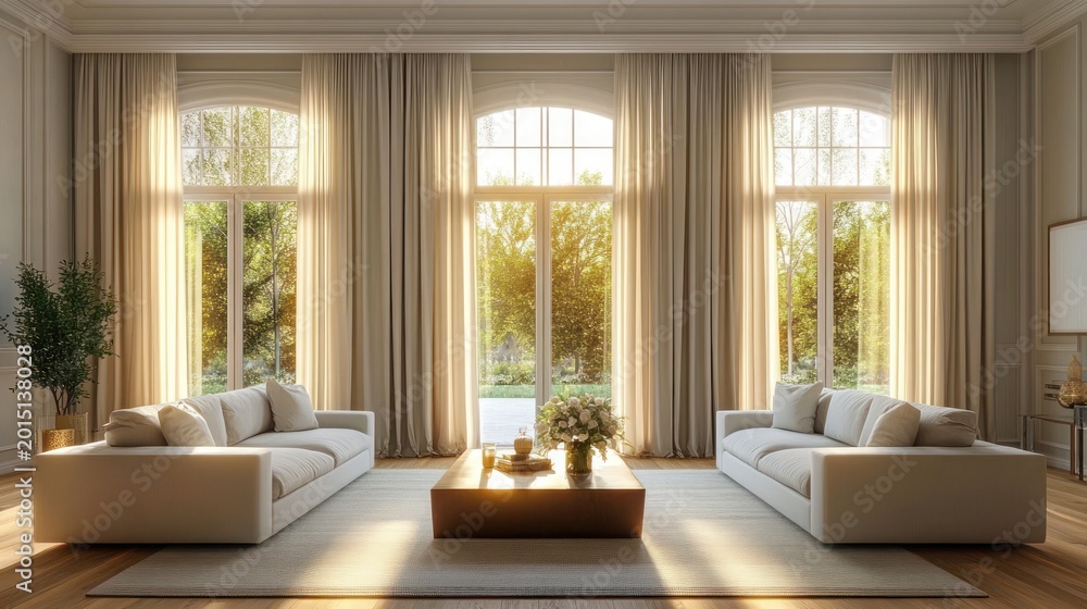 Fototapeta premium Sunlit symmetrical living room with two white sofas facing a low wooden coffee table topped with flowers, arched floor-to-ceiling windows and beige curtains, serene and inviting
