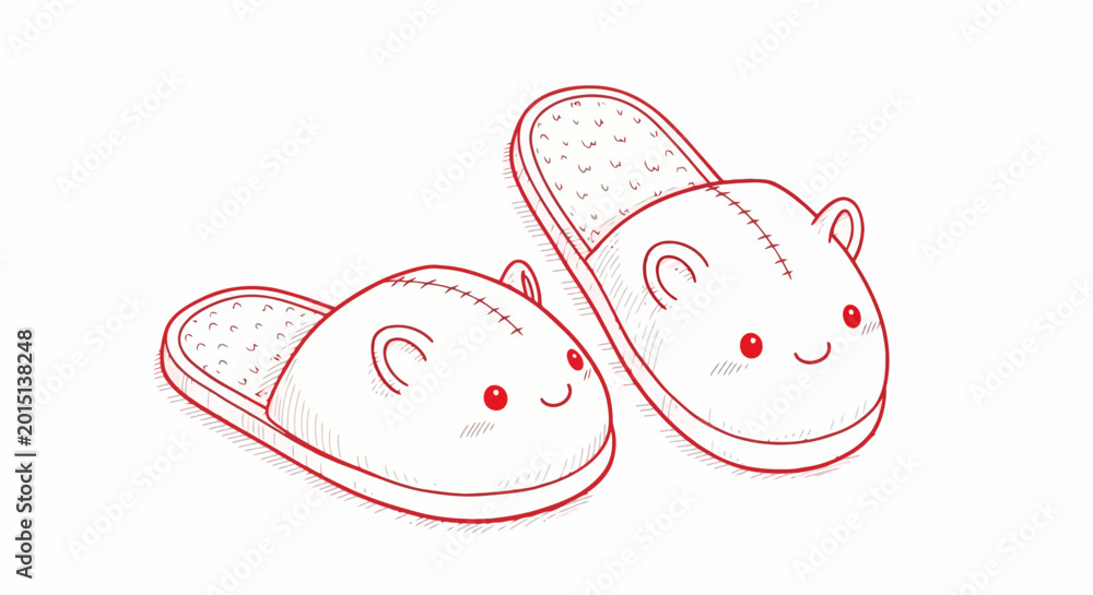 Fototapeta premium Cute cartoon slippers with smiling faces on white background.