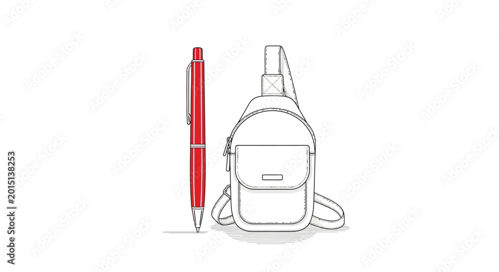 Fototapeta premium Sling bag and red pen line art illustration.