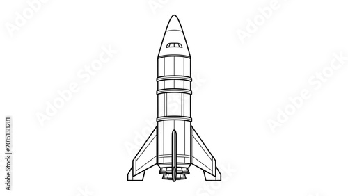 Photos 2D CAD drawing of a rocket launch event with spacecraft, fins, engines, cockpit, and fuselage in space