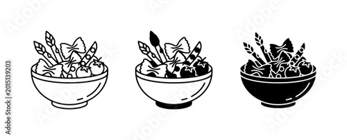 Quadro em tela Minimalist pasta salad bowl icons, farfalle and asparagus dish vector, black lin