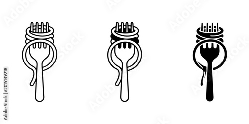 Photos Minimalist spaghetti fork icons, pasta noodle swirl logo set, black and white ve