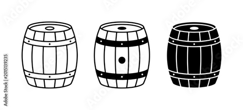 Vintage wooden barrel icons, rustic oak keg vector set, black and white brewery cask illustrations