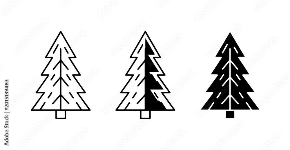Obraz premium Three Stylized Pine Tree Icons, Vector Graphics. Simple Evergreen Forest Symbols, Outline and Silhouette Designs for Winter and Nature Themes.