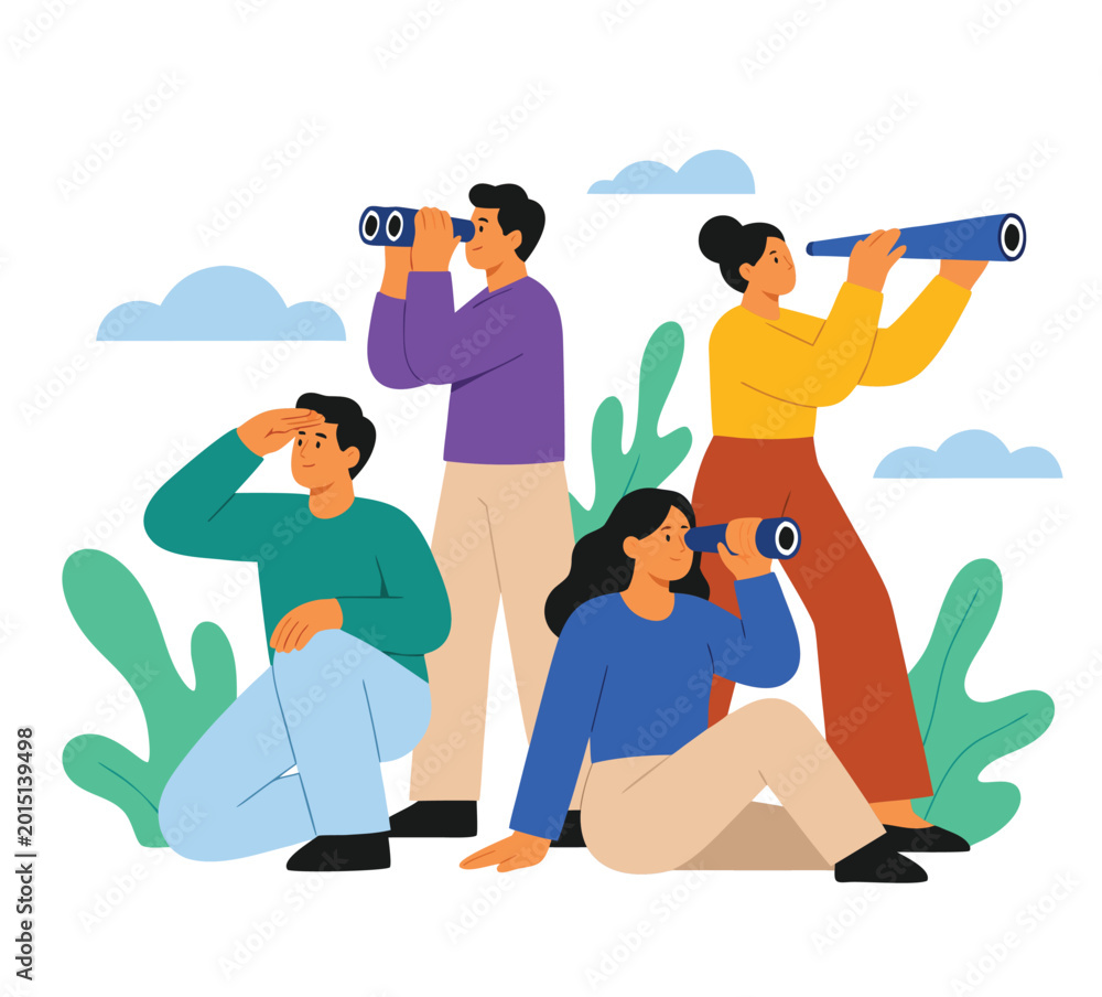 Obraz premium Group of people looking through binoculars and telescope for future vision.