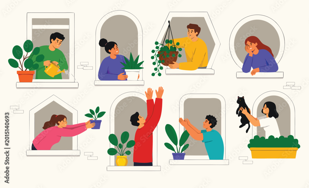 Fototapeta premium People waving and looking out of building windows.