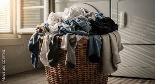 Full Laundry Basket Overflowing with Clothes Next to Washing Machine.