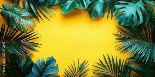 tropical green palm and monstera leaves framing a bright yellow background conveying a cheerful summer vibe