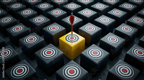 Arrow Hits Center Of Yellow Cube Amidst Grid Of Black Targets