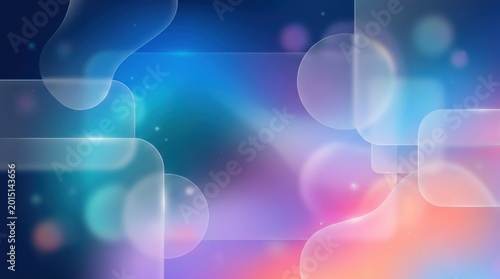 Abstract background with floating glass shapes and soft bokeh light effects.