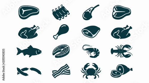 Quadro su tela Collection of various meat and seafood vector icons on white background