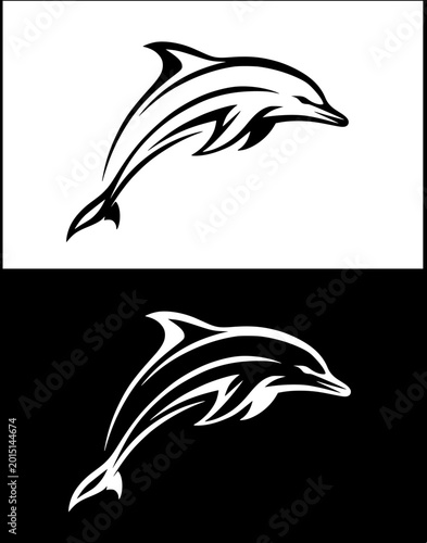 Minimalist dolphin icon or logo, with original and inverted design