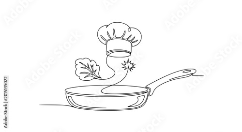 Minimalist one line drawing of a chef hat, frying pan, and a leaf, representing cooking and healthy food.