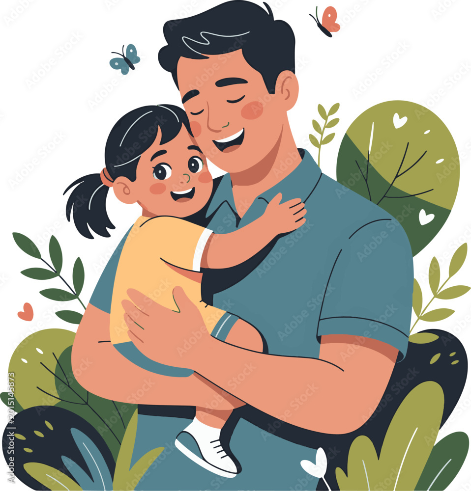 Obraz premium Father and daughter embracing cheerful illustration with foliage background