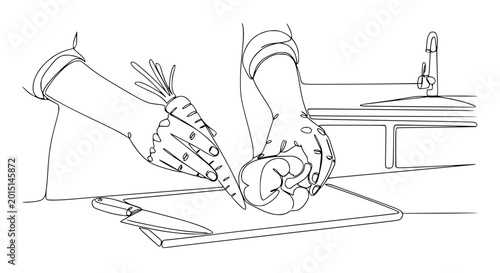 Continuous line drawing of hands chopping vegetables on a cutting board in a kitchen