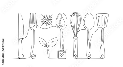 Billede på lærred Healthy Cooking Concept: Kitchen Utensils, Sprout, Virus Icon, Checkmark - Line