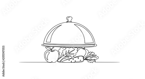 Healthy food illustration: continuous line drawing of fresh produce under a serving cloche