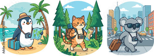 Photography Traveling Animal Characters including Penguin, Cat, and Koala with Luggage and C