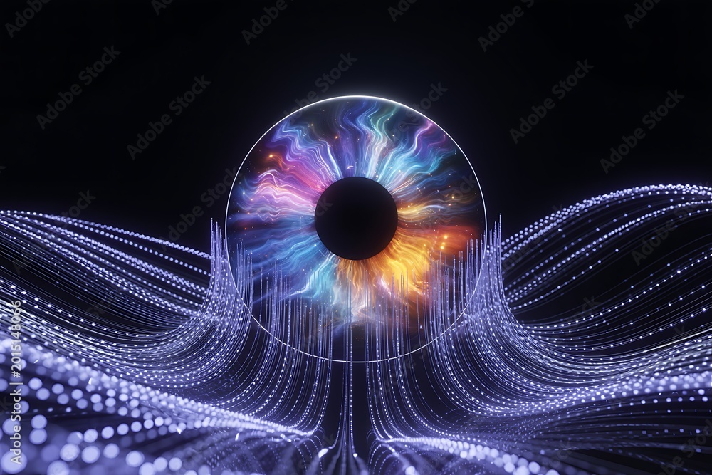 Naklejka premium Bionic Eye Sphere with Glowing Energy Ring and Radiant Fiber Optic Light Connections