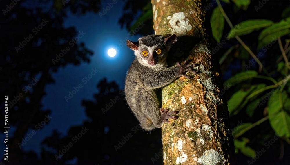 Fototapeta premium Rare nocturnal aye aye lemur with large yellow eyes and long middle finger clings to a tree trunk under a full moon in the dark Madagascar rainforest, creating a cinematic wildlife banner.