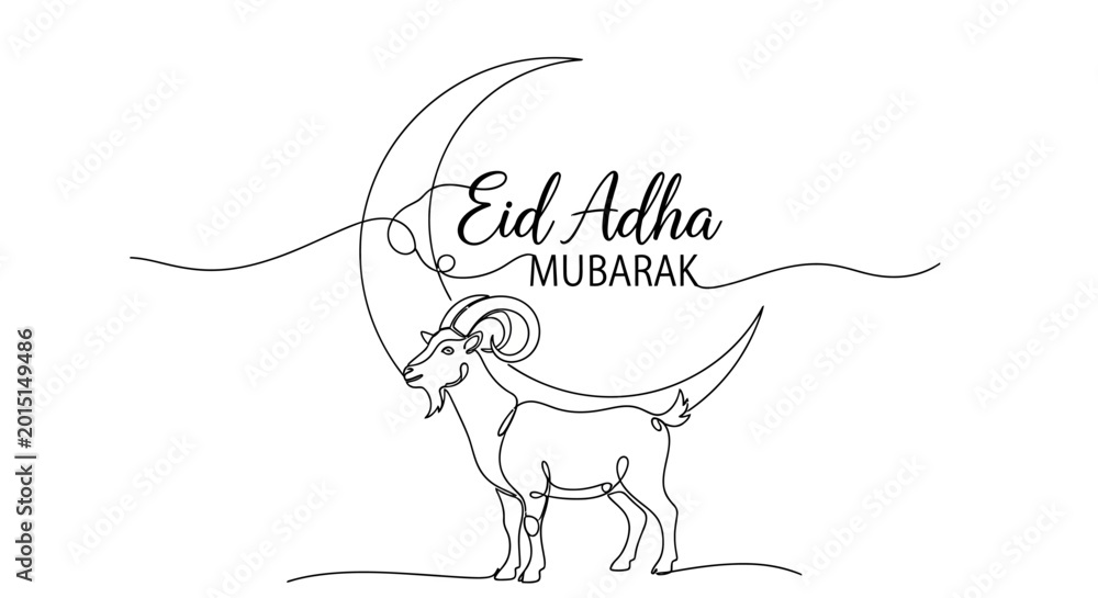 Fototapeta premium Eid Adha Mubarak - Goat and Crescent Moon One Line Art