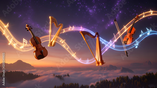 Musical instruments float among glowing notes over misty mountains at sunrise with ethereal light