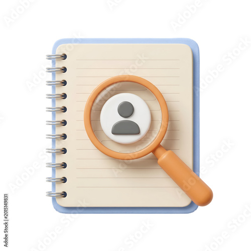 Magnifying glass over notebook with user icon symbol representing search for person data information finding profile