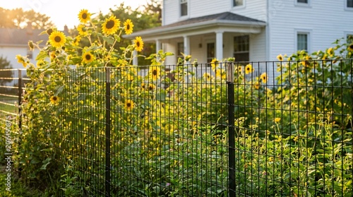 Sturdy black wire mesh fence running through a lush green backyard garden, blooming with beautiful bright yellow sunflowers in sunlight.