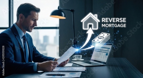 Man in Suit Reviews Financial Documents for Reverse Mortgage Planning.