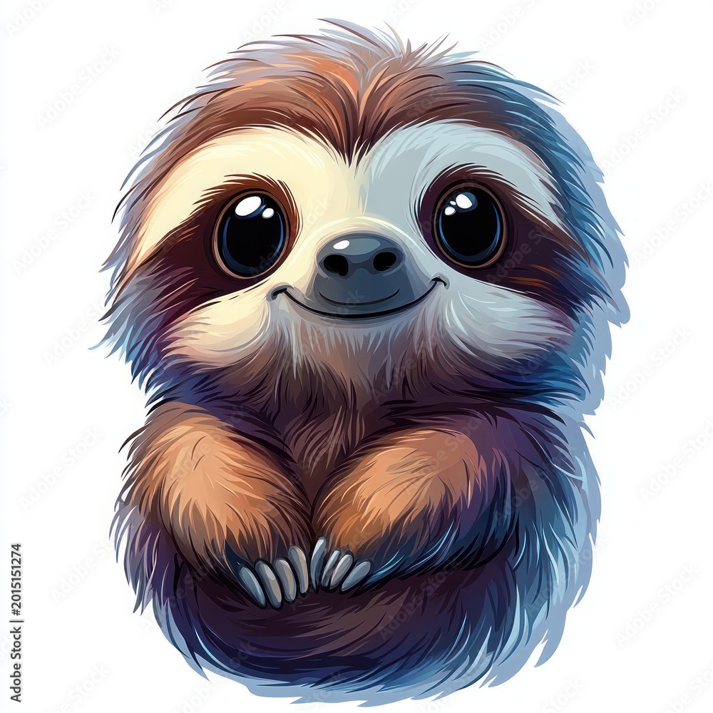 Fototapeta premium adorable baby sloth with big glossy eyes, fluffy fur, curled paws and tiny claws smiling gently on a white background