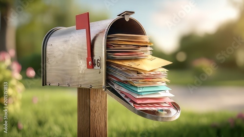 Mailbox with junk mail and envelopes, mailbox on the road, mailbox on the street, mailbox in the field