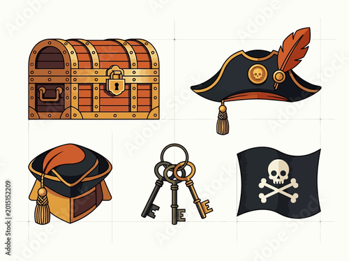 Foto Pirate Adventure Vector Icon Set Featuring Treasure Chest, Captain's Hat, Jolly