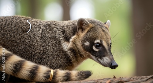 Cringed coati walking on branch outdoors.