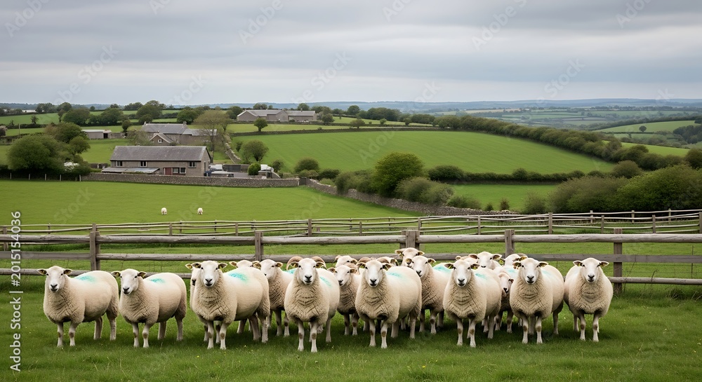 Obraz premium Flock of sheep grazing in green field.