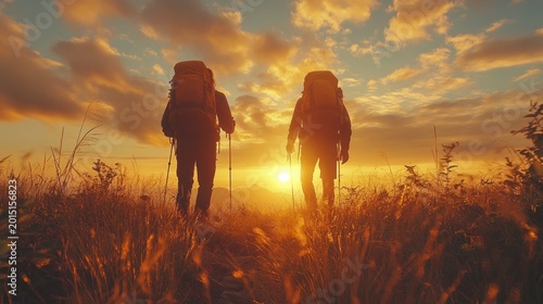 Two hikers with large backpacks walking through tall grass toward a golden sunset with dramatic clouds, a peaceful and adventurous mood