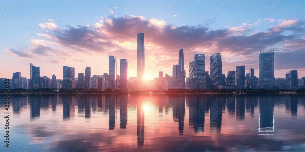 Fototapeta premium Sunrise over modern city skyline with glass skyscrapers reflected in calm water, pastel clouds and warm glow conveying a serene, tranquil morning atmosphere