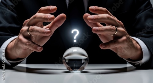 Mysterious Fortune Teller with Crystal Ball and Question Mark.