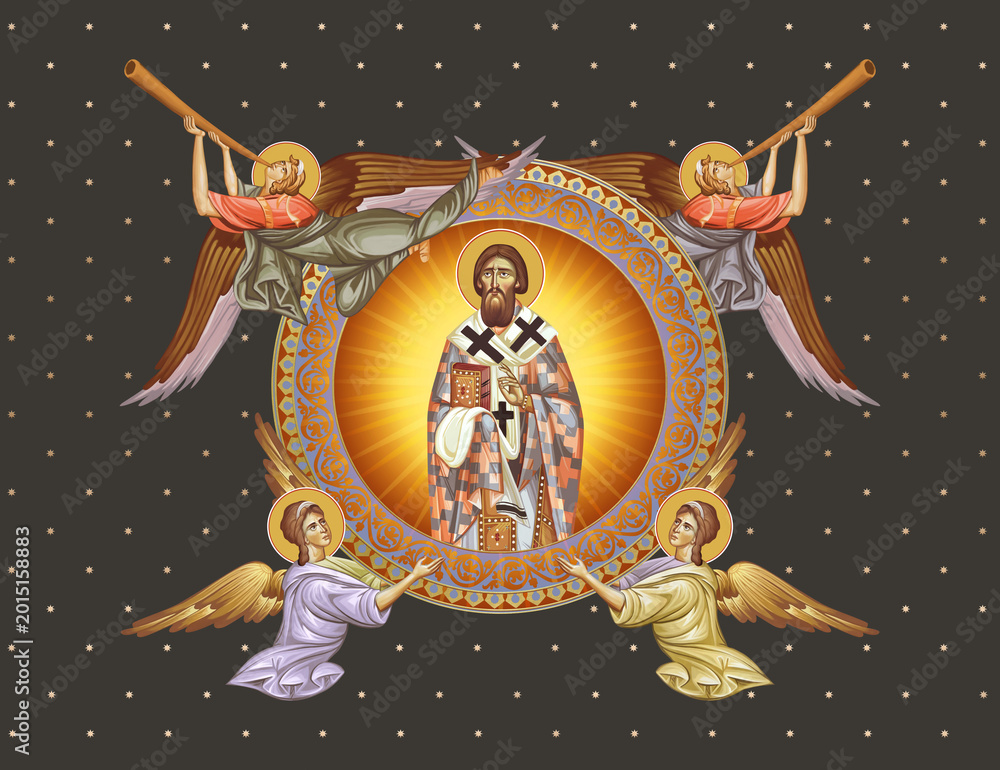 Fototapeta premium Saint Sava Serbian. Decorative vintage illustration with angels in Byzantine style