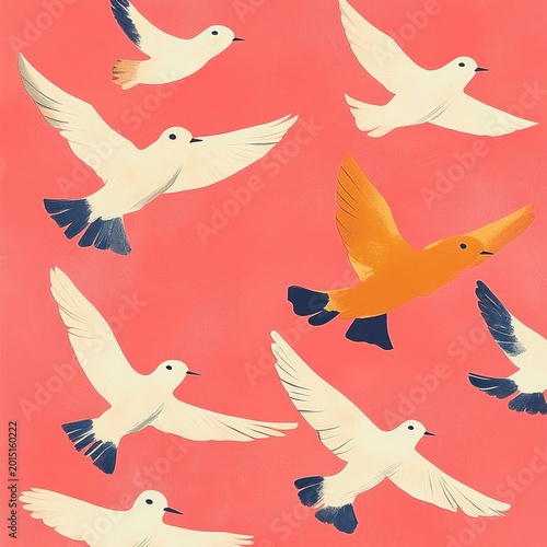 flock of white birds with dark wing tips and one golden bird flying across a coral pink background, playful uplifting sense of freedom