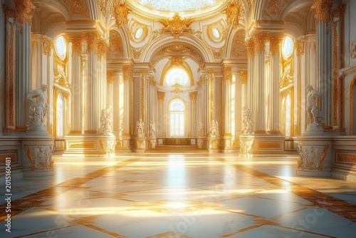 grand gilded palace hall with polished marble floor, ornate columns, sculpted statues, arched windows and domed skylight flooded with warm golden sunlight, evoking awe and serenity