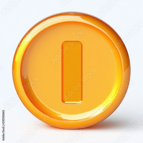 glossy orange circular button with a recessed vertical bar on a clean white background, shiny reflective surface, modern minimal and playful mood