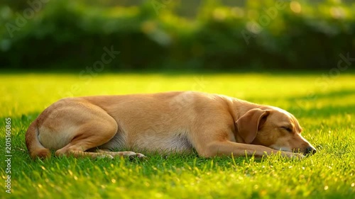Relaxed tan spaniel dog peacefully sleeping on lush green grass in bright natural sunlight outdoor park scene serene summer day calm pet resting nature