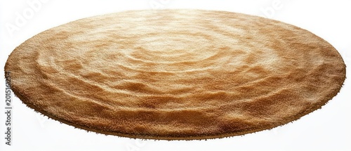 round tan shag rug with rippled plush texture on white background conveying warm cozy inviting feel