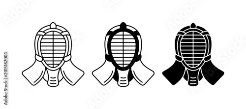 Foto Kendo Helmet Icons, Martial Arts Protective Gear, Japanese Sport Equipment Vecto