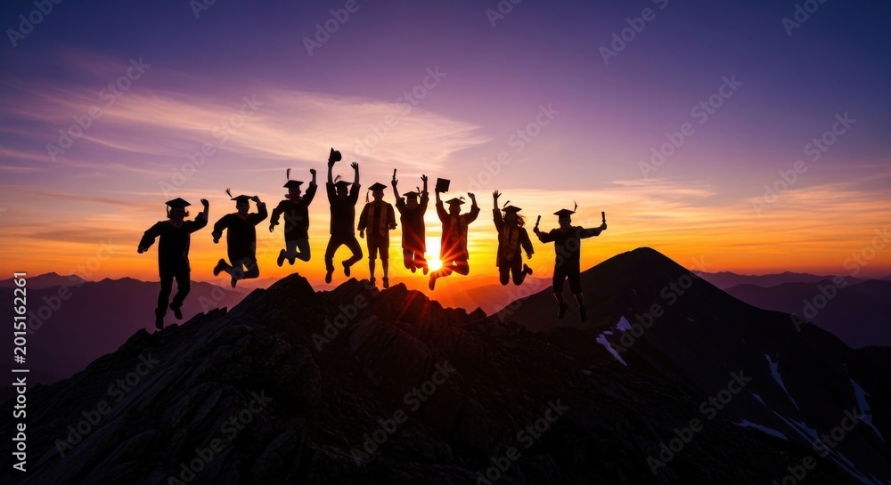 Obraz premium Silhouette of Diverse Group of Friends Celebrating Success on Mountain Peak at Sunset.