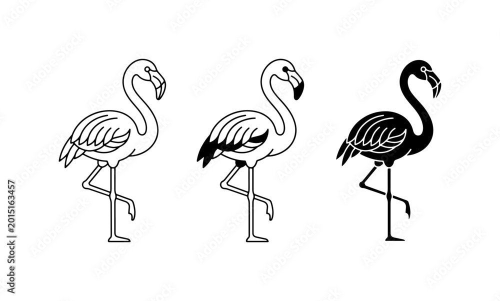 Obraz premium Flamingo Vector Icons, Tropical Bird Silhouettes, Elegant Wildlife Graphics, Simple Line Art